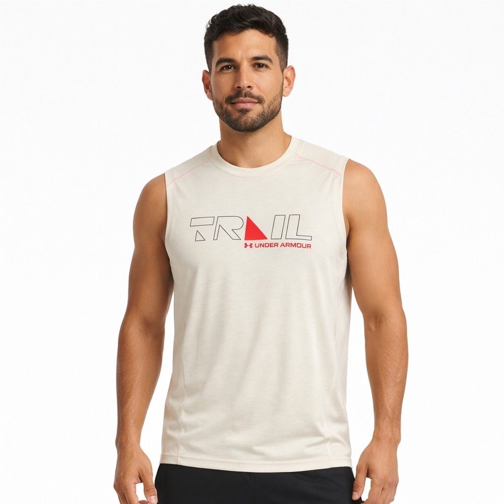 Under Armour Trail Sleeveless Shirt Cream Graphic Tank Top L Activewear 102-14